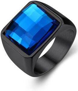 KeyStyle Square Gemstone Signet Rings for Men, Personalized Stainless Steel Pinky Ring with Black Onxy Blue Topaz Birthstone Statement Ring, 10, Stainless Steel Blue Topaz, Created Sapphire