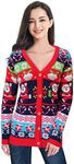 v28 Ugly Christmas Sweater for Women Reindeer Funny Merry Knit Sweaters Cardigan, Happy Cardigan Red, X-Large