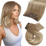 Moresoo Clip in Hair Extensions Real Human Hair Ombre Light Brown and Medium Blonde Double Weft Clip in Hair Extensions Real Hair Shoulder-Length Short Hair Add Volume 12 Inch 5pcs/80g #8/22/8