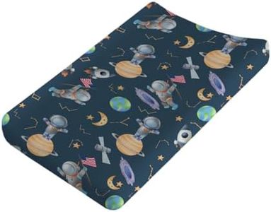 Cartoon Outer Space Galaxy Ship Astronaut Changing Pad Covers Cute Spaceman Moon Stars Changing Table Sheets for Boy Girl Soft Stretchy Snug Fitted Diaper Change Table Pad Covers Mats 32''x16''