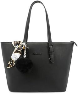 Gallantry - Sac à Main Femme Pompon Fourrure En Soie Imprimé - Sac Shopping Fourre-Tout Format A4 Cours Lycée - Sac Cabas Similicuir Effet Saffiano - Elégant Tendance (Noir)
