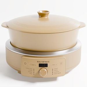 4.5 Quart Slow Cooker, 8-in-1 Casserole Programmable Round Multi-Cooker, Non-Toxic Clay pot Slow Cooker for Rice, Pasta, Steam & Proof, Oven Safe Pot to 450°F, Brown