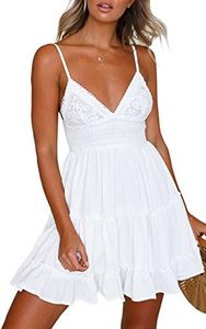 ECOWISH Summer Dresses for Women 2025 V-Neck Spaghetti Strap Bowknot Backless Sleeveless Lace Mini Swing Skater Dress White Large