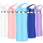 SUPPRUI Kids Stainless Steel Insulated Water Bottle with Straw,350 ml Small Water Bottles for School Reusable Metal Vacuum Small Flask Leakproof Keep Drinks Hot Cold for Boys Girls(Light Blue)