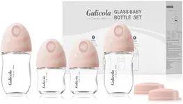 Gulicola Natural Glass Baby Bottles Set 4 Pack, Newborn Girl Breastfeeding Bottles with Slow Flow Nipples, 0 Months+, 3 oz & 5 oz - Pink