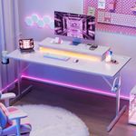 Bestier 52 inch Gaming Desk with Power Outlets and USB Charging Ports, Computer Desk with LED Lights and Monitor Stand, Gamer Desk for Home Office, Easy to Assemble, Carbon Fiber White
