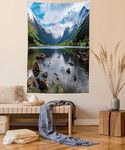 Ambesonne Nature Tapestry Twin Size, Mountains River and Open Sky Natural Beauties Norway Fjords Nordic Landscape, Wall Hanging Bedspread Bed Cover Wall Decor, Twin Size, White Green Brown