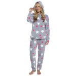 Ladies Hooded Star Print Fleece Pyjama Set Womens Soft Warm PJ Twosie Loungewear (Grey, 12-14)