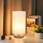 Lamp for Bedroom, Small Table Lamp Minimalist Bedside Light with Linen Fabric Shade Classic On/Off Switch and Natural Wooden Base Bed Side Lamp for Living Room, Office, Desk (Warm Light Bulb Included)