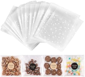 NPLUX 100PACK Self Adhesive Cookie Bags Cellophane Treat Bags Thank You Candy Bags for Gift Giving with Stickers(White Polka Dot, 5.5x5.5 INCH)