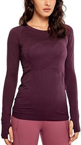 CRZ YOGA Women's Athletic Long Sleeves Sports Running Shirt Breathable Seamless Gym Workout Tee Top Dark red M(US 8/10)