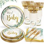 Baby Shower Decorations Neutral Sage Green Plates Set for 25 Guests, 125 Pieces Paper Plates Cups Napkins Cutlery for Baby Shower Bebe Fille Party Decor