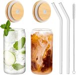 WISIMMALL Drinking Glasses with Bamboo Lids and Glass Straw 2PCS Set, 16oz Can Shaped Glass Cups with Lids and Straws, Beer Glasses, Iced Coffee Glasses, Soda, Gift 1 Cleaning Brushes