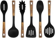 JS Gourmet 6 Pcs Kitchen Utensils Set, Heat Resistant, Non Scratch, Nylon Cooking Spoons Set for Nonstick Cookware, with Ergonomic Soft Touch Wooden Coated Handles