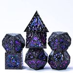 Cusdie Metal Dice Set, 7 Pcs DND Metal Dice, Dragon Scale Polyhedral Dice Set, for TTRPG Role Playing Game D&D Dice (Black with Purple Blue Glitters)