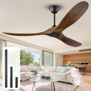 OUENGK Ventilatore Da Soffitto In Legno Per Esterni Da 152 Cm Senza Luce, Ventilatore Da Soffitto Rustico Con Telecomando, Ventilatore Da Soffitto Ad Elica A 3 Pale Con Grande Flusso D'Aria Per Patii