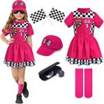 G.C 8pcs Kids Girls Race Car Driver Costume Toddler Racing Suit Rose Red Racer Dress Costumes Accessories Car Cap Knee Socks Sunglasses Flags Halloween Dress up Clothes (M(6-8Y))