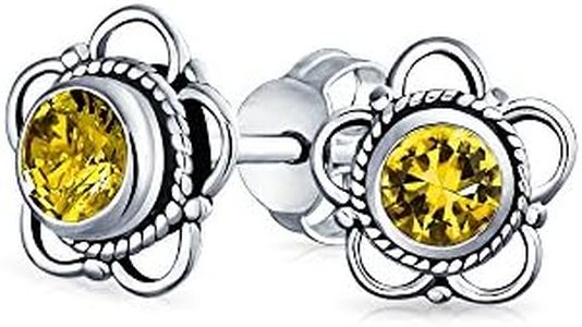 Bali Style Tiny Flower Yellow Citrine Gemstone Stud Earrings For Women Oxidized .925 Sterling Silver November Birthstone