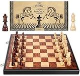 FREYBLI Magnetic Wooden Chess Board Set, 15 Inch Chess Set for Adults Kids, Handcrafted Folding Portable Travel Chess Game for Tournament Professional Beginner, 2 Extra Queens - Gift Package