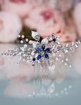 Aimimier Bridal Sapphire Crystal Hair Comb Pearl Blue Crystal Leaf Marquise Hair Piece Prom Party Festival Wedding Hair Accessories for Women and Girls (Silver)