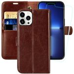 MONASAY Vegan Leather Fit for iPhone 13 Pro Max 5G Wallet Case, 6.7-inch, [Glass Screen Protector Included] [RFID Blocking] Flip Folio Phone Cover with Credit Card Holder,Brown