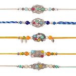 Eximious India Set of 5 Rakhi For Brother With Card Artificial Silver Pendant For Raksha Bandhan Designer Rakhi Thread for Bhaiya CA012023