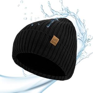 ACUSHLA Waterproof Windproof Cuff Beanie - Thick Fleece Lined Knit Winter Hat for Men & Women Warm Watch Cap for Cold Weather, Black, One Size