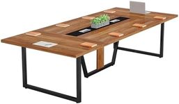 LITTLE TREE 8FT Conference Table for 10 People, Large Meeting Table, Modern Conference Room Table with Cable Management, Training Table with Strong Metal Legs for Office, Brown