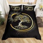 Sun Moon Duvet Cover Set King Size,Abstract Tree Bedding Set 3pcs for Kids Teens Boys Bedroom Decor,Gold Glitter Plants Comforter Cover Black Vintage Exotic Quilt Cover with 2 Pillowcases