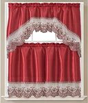 PREMIUS REMI 3-Piece Sequins Embroidery Kitchen Curtain Set with Swag Valance & Tier Set, Faux Silk Materials, Light Filtering Curtain, 30x36 Inches (Burgundy)