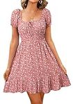 Livonmone Womens Summer Casual Sweetheart Neckline Puff Sleeve Floral Print High Waist Dress Boho Beach Mini Short Dresses (Pink, XL)