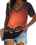 Women Halloween Shirt Funny Pumpkin Face Graphic Tees Autumn Casual V-Neck Fall Short Sleeve Loose Tops, Orange, XX-Large