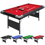IDEALHOUSE Portable Folding Pool Table – 7FT Full Size Billiards Table Set with Cues, Balls, Chalk, Brush, Space-Saving Game Table for Family, Red Tablecloth, 7FT