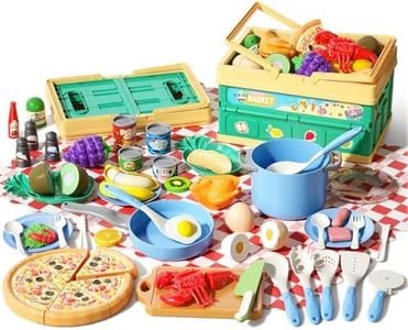 80Pcs Kitchen Playset, Toddler Pretend Cooking with Pots, Pans, Cookware, Food, Picnic Blanket, Fruits, Veges, Shopping Storage Basket, Dessert , Learning Gift for Girls Boys (Blue)