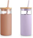 Tronco 20 oz Glass Tumbler Glass Water Bottle Straw Silicone Protective Sleeve Bamboo Lid - BPA Free (Coffee Light Purple/2pack)