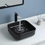 bathivy Vessel Sink with Pop up Drain 15"x15" Bathroom Sink Rectangle Above Counter Ceramic Porcelain Washbasin Sink Bowl Bathroom Vanity Vessel Sink Basin Art Basin for Lavatory Vanity (Matte Black)