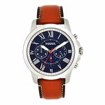 Fossil Grant Men's Watch with Chronograph or Automatic Display and Genuine Leather or Stainless Steel Band, Silver/Blue, Brown, One Size, FS5210IE