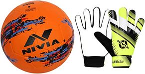 Nivia Storm Football (Orange) Size-5 Air Strike Football G/Keeper Gloves (Green) Size-Medium(Rubber)