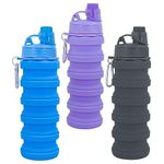 YCTMALL Collapsible Water Bottles Three Pack Travel Sports Portable Sport Water Bottle comes with mountaineering Buckle 500ml silicone Water-proof camping water bottle (Blue+Grey+Purple Color)