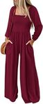 KIRUNDO Women's 2024 Fall Long Sleeve Jumpsuits Casual Dressy One Piece Loose Smocked Wide Leg Pants Romper With Pockets