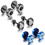 Cupimatch 6PCS Men's Stainless Steel Rhinestone Faux Illusion Stud Earrings Ear Plugs Tunnel Set (3 pairs)