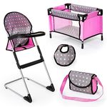 Bayer - Baby Doll Travel Bed Grey Pink Dots with High Chair, Bag, Bib, Travel Cot and Doll Accessories - Dolls up to 18” - Age 3+ - 63266AB