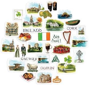 Navy Peony Emerald Ireland Travel Stickers (34pcs) - Watercolor, Waterproof, Irish Themed Vacation Decals for Journals, Scrapbooks, Tumblers