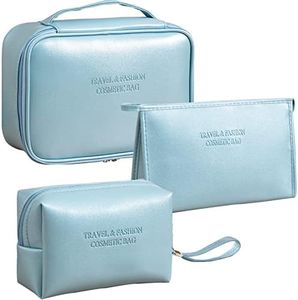 LEcylankEr 3 Pezzi Beauty Case Donna da Viaggio Pochette Donna Trucchi Portatile Borsa Trucchi Borsa da Toilette in PU Set Borsa Trucco per Il Trucco Impermeabile e Resistente (Blu)