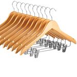 High-Grade Wooden Suit Hangers Skirt Hangers with Clips Smooth Solid Wood Pants Hangers with Durable Adjustable Metal Clips, 360° Swivel Hook, Shoulder Notches for Dress, Jackets, Blouse (Natural Wood, 10 pack)