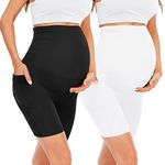 Happy.angel 2 Pack Maternity Shorts Over Belly, Black High Waisted 8" Pregnancy Workout Biker Shorts with Pockets