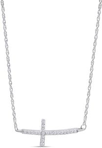 Jewel Zone US White Cubic Zirconia Micro Pave Sideways Curved Cross Pendant Necklace in14k White Gold Over Sterling Silver