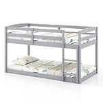 KOMFOTT Low Bunk Bed Twin Over Twin, Solid Wood Bunk Bed Frame with Built-in Ladder & Safety Guardrails, Space-Saving Low Bunk Bed for Kids, Teens, No Box Spring Needed (Gray)