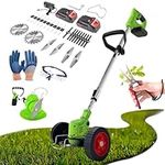 Weed Wacker Battery Operated Weed Eater Cordless, 21v Rechargeable Weed Eaters with 5 Types Blades & 2pcs 2.0Ah Batteries, Stringless Lawn Edger Tool, Push Wheel Weed Lawn Trimmer for Garden and Yard