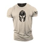 GYMTIER Spartan Forged - Spartan Helmet Hex Camo - Men's Gym T-Shirt Bodybuilding Training Workout Lifting Top Clothing, Sand, M